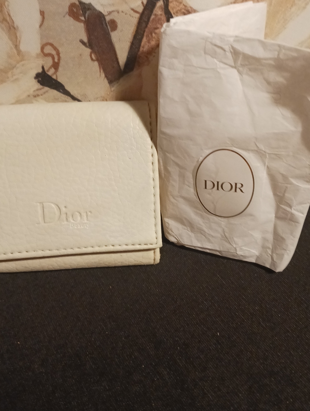 Dior Cream Leather Compact Wallet with Embossed Logo